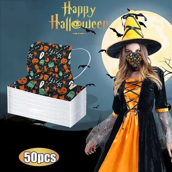

Disposable Unisex Masks Halloween Pumpkin print Masks For Adults 3-Layer easy breathing mouth masks Earloop Masks mascaras