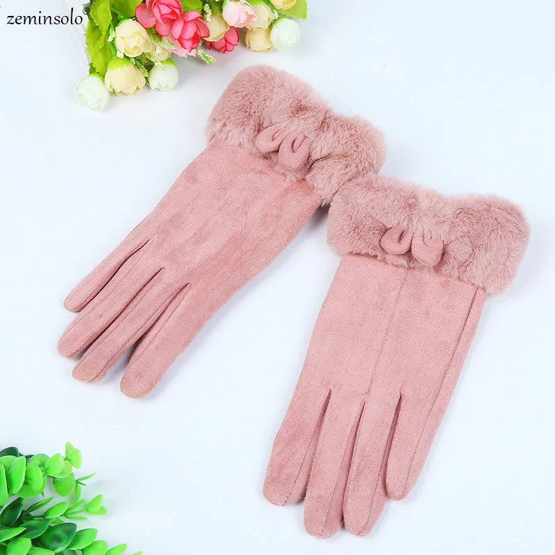 pink Модные женские стильные перчатки для вождения перчатки с сенсорным экраном для женщин пять пальцев для велосипеда и уличных видов спорта плюшевые перчатки с подогревом - Цвет: pink