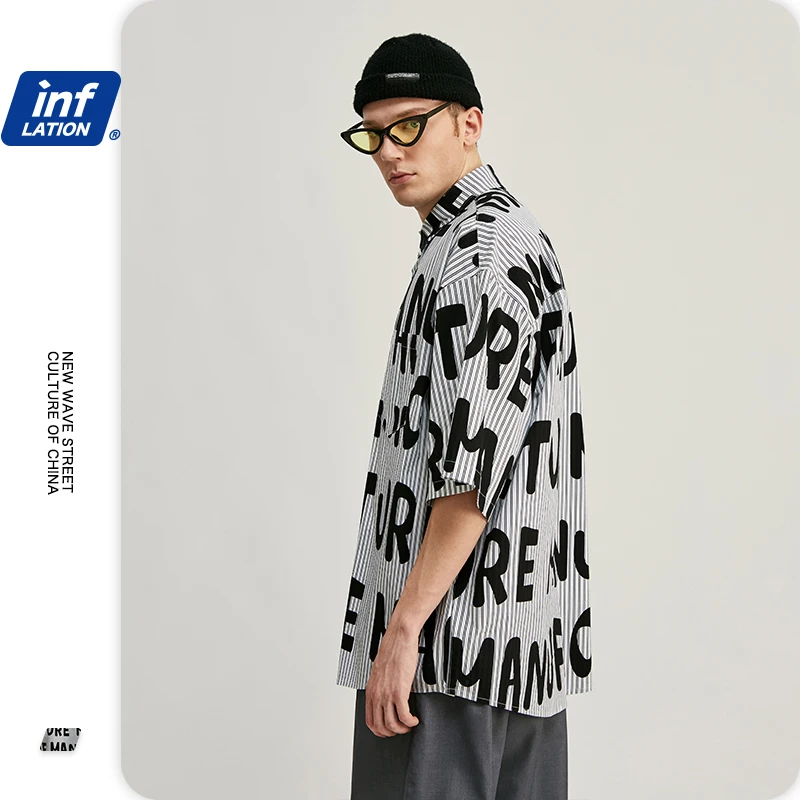INFLATION Men Oversized Fashions Short Sleeve Shirt Letter Printing Loose Fit Men Hawaiian Shirt Streetwear Men Stripe Shirt INFLATION Men Oversized Fashions Short Sleeve Shirt Letter Printing Loose Fit Men Hawaiian Shirt Streetwear Men Stripe Shirt