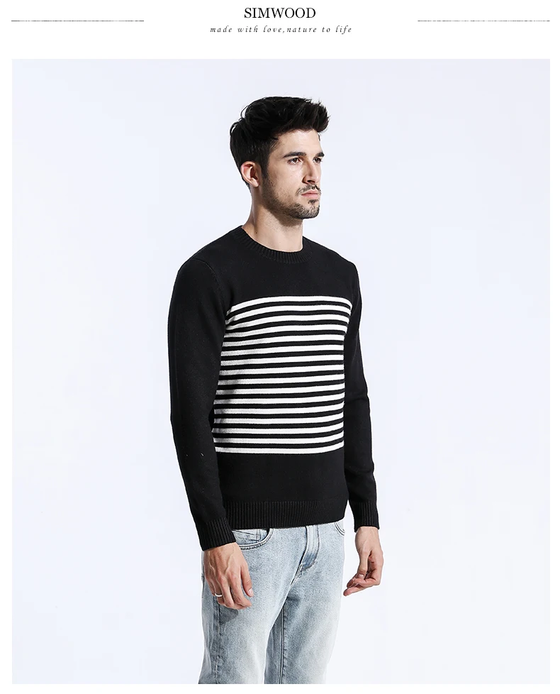 Мужской приталенный шерстяной пуловер SIMWOOD, модный повседневный трикотажный свитер в полоску, одежда большого размера, модель