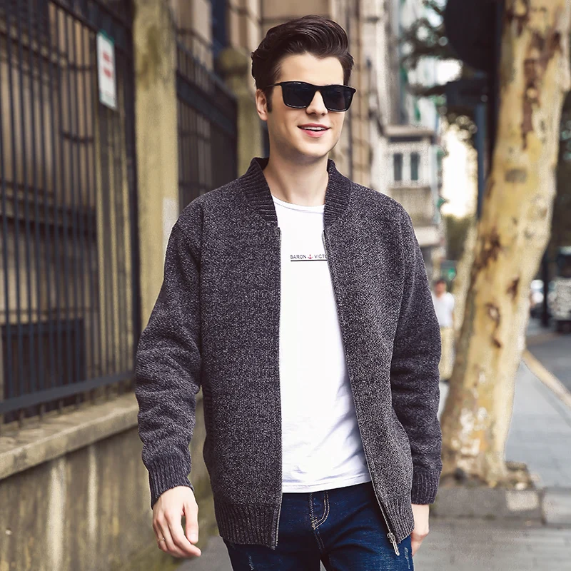 New Casual Winter Solid Color Cardigan Sweater Coat Baseball Collar Plus Velvet Thick Sweater Youth Men Warm Sweater Coat MWK010
