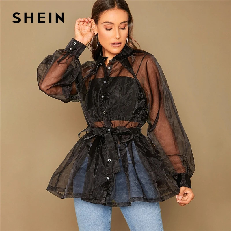 SHEIN, однотонная, с поясом, с баской, органза, Гламурная рубашка без бретелей, для женщин, осень, рукав-фонарик, с рюшами, для девушек, сексуальные блузки