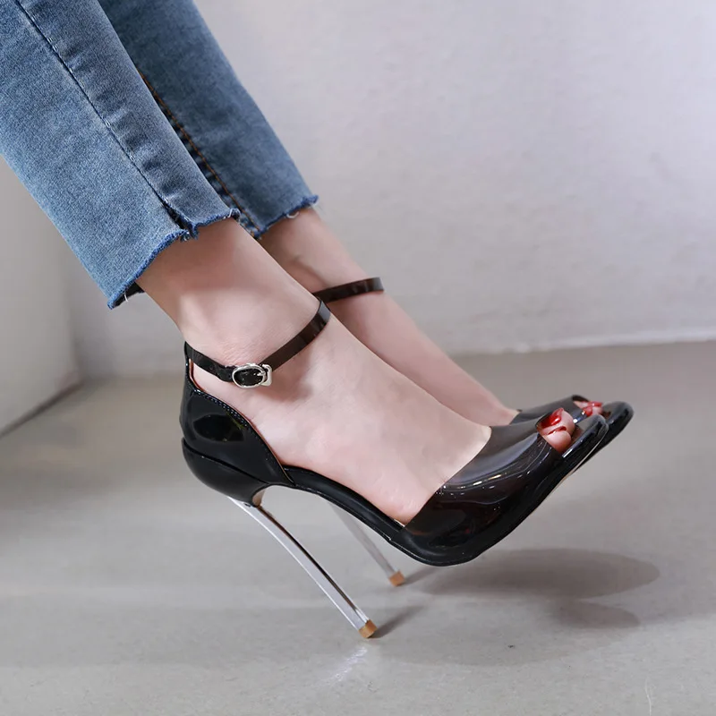 

Europe And America Super High Heels 2019 New Style Candy-Colored Transparent Glass Glue A- line Buckle High Heel Shoes 35-42 Cod
