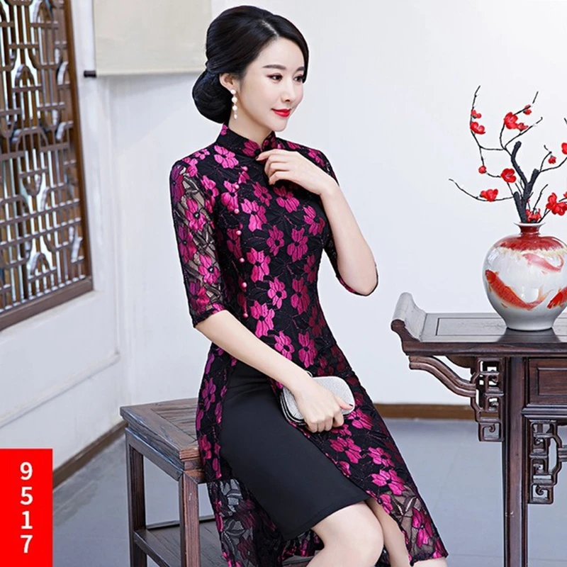 Китайское традиционное ежедневное улучшение ретро темперамент женское Aoqi cheongsam новое место элегантное тонкое повседневное кружевное платье cheongsam