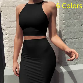 

Two Piece Set Dress Women Summer Crop Top And Long Skirt Womens Sets Solid Basic Club Party Outfits High Stretch Bodycon Females