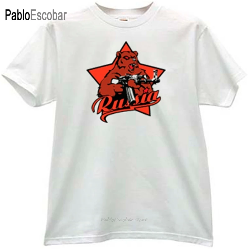 Модная футболка Мужская хлопковая русская с медведем и AK-47 белая изображением