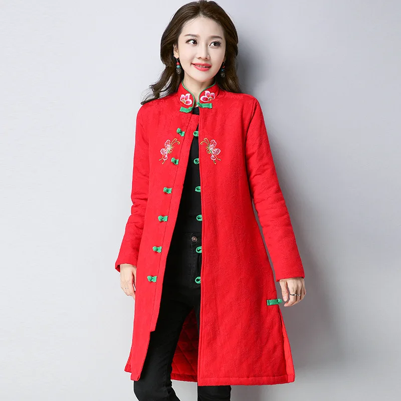 

2018 Winter New Style Ethnic-Style Cotton-padded Clothes Women's Mid-length Embroidery Thick Long Sleeve Jacquard Cotton Coat