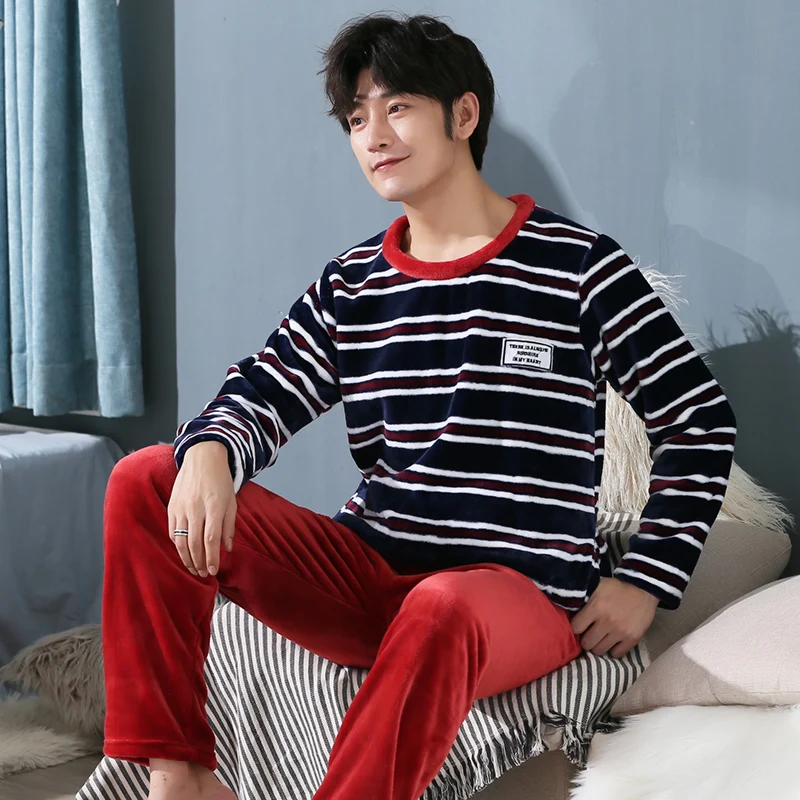 Plus size 3XL 4XL 5XL men pajamas Winter Flannel Pajama Set Coral fleece Thicken casual Homewear warm sleepwear Boys pijama set - Color: R YEX 33017