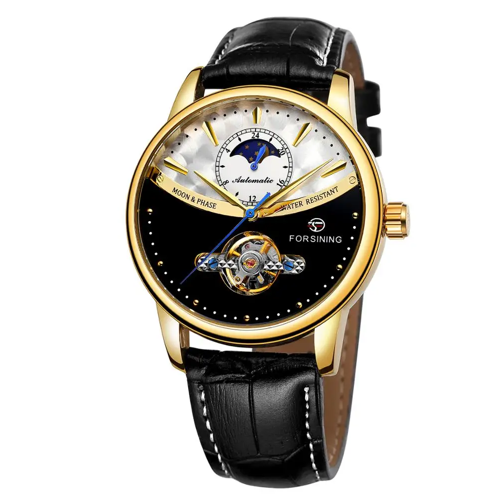 Forsining Tourbillon синие автоматические часы мужские классические Moonphase Дизайн Натуральная кожа Ремешок Водонепроницаемый Бизнес наручные часы подарок - Цвет: GOLD BLACK