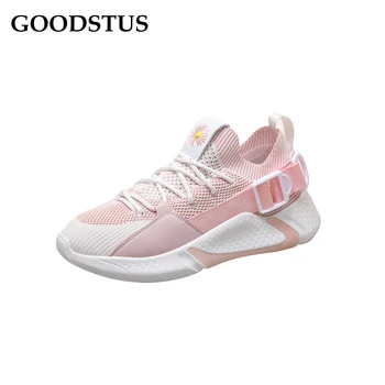 

GOODSTUS Women Casual Shoe Solid Mesh Breathable Soft Thick Bottom Comfortable High Top Fashion Buckle Decoration Women Sneaker