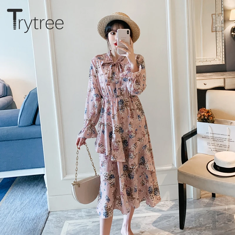 Trytree/ осеннее женское Повседневное платье с бантом и Расклешенным рукавом, с принтом, модное ТРАПЕЦИЕВИДНОЕ ПЛАТЬЕ с оборками, до середины икры, свободное, 2 цвета, офисное женское платье
