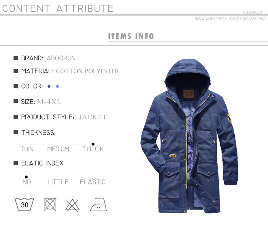 ABOORUN Men's Winter Denim Jacket Thicken Warm Hooded Long Windbreaker Coat Blue Casual Jeans Parkas for Male R3265