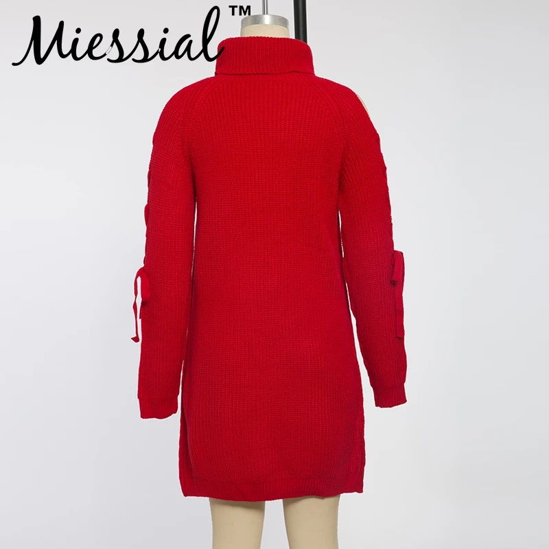 Miessial, сексуальное вязаное платье-свитер на шнуровке, женское осеннее элегантное короткое мини-платье, вечерние, Клубные, с длинным рукавом, зимнее красное платье для девушек
