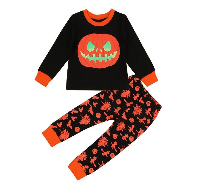 Детский хлопковый пижамный комплект с тыквой на Хэллоуин для маленьких мальчиков; - Цвет: Black