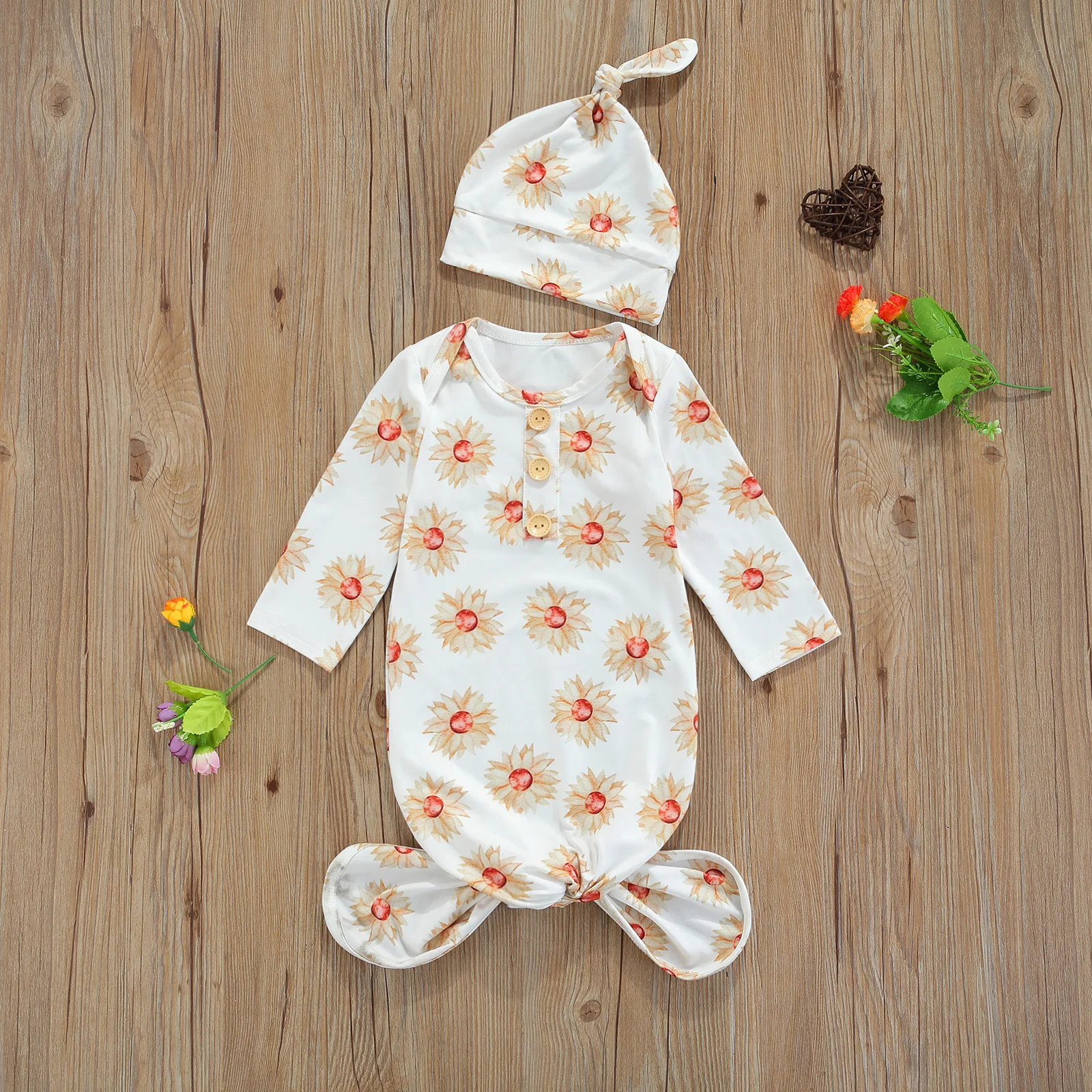 FOCUSNORM 5 Colors Newborn Baby Girls Sleeping Bags+Hats 2pcs Cartoon Patterns Print Round Neck Long Sleeve Sleepwear