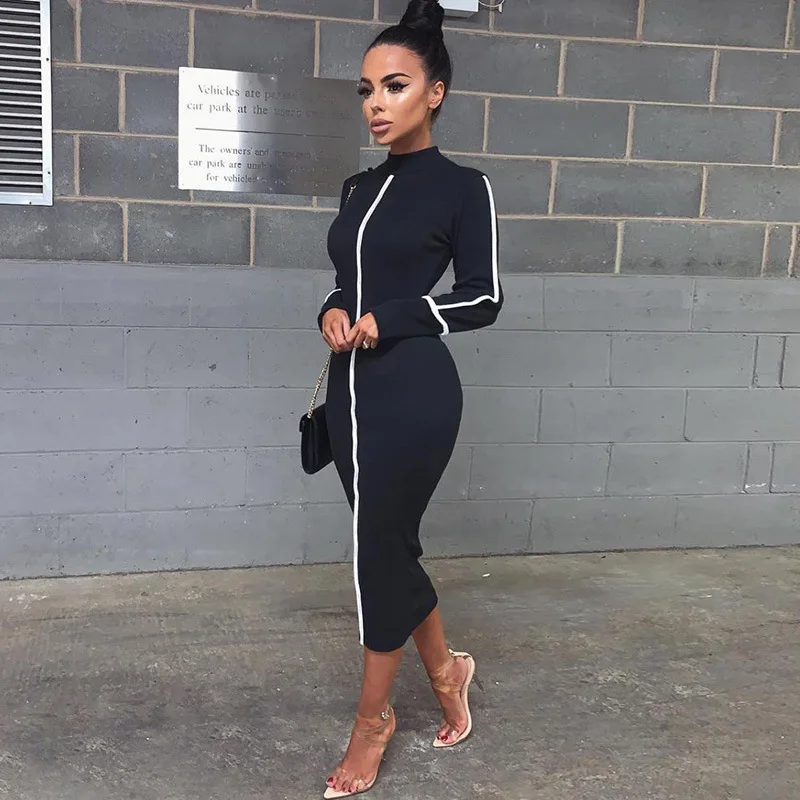 

JIEROTYX 2019 Summer And Autumn Women High Street Long Sleeve Dress Temperament Slim Patchwork Contrast Midi Dress