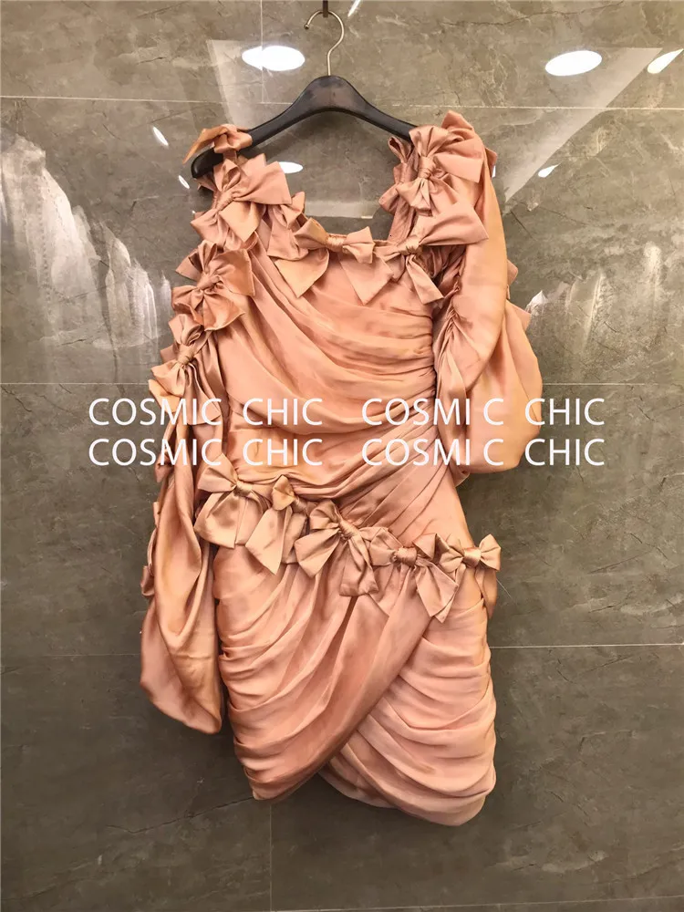 Cosmicchic элегантные сексуальные нестандартные платья с бантом и открытыми плечами, мини платья для вечеринок, косой воротник, фонарь, длинный рукав, облегающее розовое платье