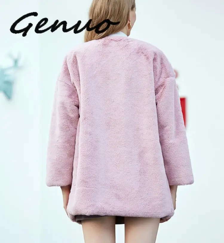 Genuo New Winter Elegant Women Faux Rabbit Fur Coat White Pink Oversize Faux Fur Coats Fluffy Jacket Women Long Fur Coat