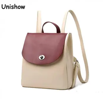 

Unishow Genuine Leather Mini Backpack Women Casual Female Bagpack Panelled Color Small Travel Backpack Teenage Girl School Bags