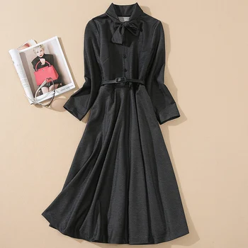 

Fashion High Quality Autumn New Women'S Party Casual Workplace Vintage Elegant Chic Gentlewoman Bow Collar Slim Midi Dress