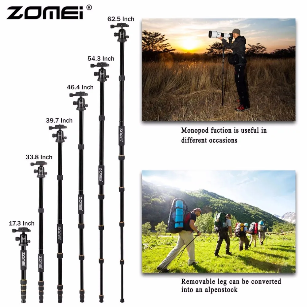 Zomei Q666 Professional Camera Tripod Lightweight Portable Travel Aluminum Monopod With 360 Degree Ball Head For DSLR Camera