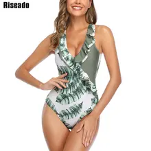 Riseado купальник с тропическим принтом листьев, женская пляжная одежда, купальник с перекрещивающимися лямками на спине, Цельный купальник, сексуальные купальники с оборками