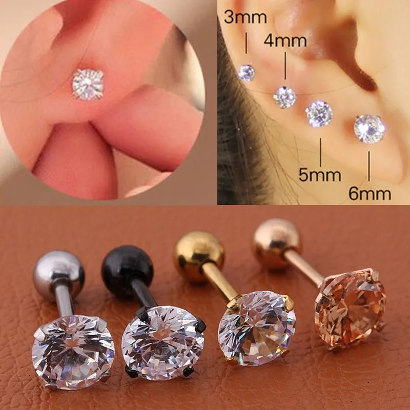 Punk Stud-Earrings Zircon Steel-Needle Crystal Medical-Stainless Party Titanium Women