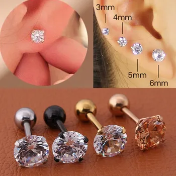 1pc/lot Size 3/4/5/6mm 4 Colors Punk Medical Stainless Titanium Steel Needle Zircon Crystal Stud Earrings For Men Women Party 1