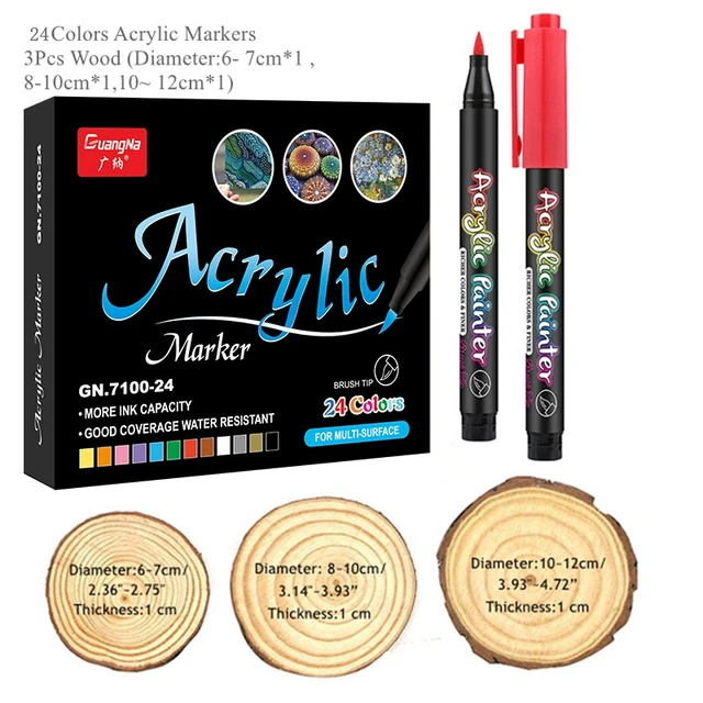 36 Colors Acrylic Paint Pens Acrylic Brush Marker Pens for Rock Painting, Stone, Ceramic, Glass, Wood, Canvas ,DIY Card Making. 24 pens-3 wood