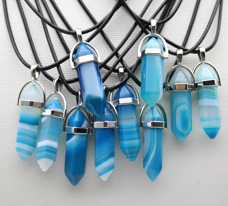 1PCS Natural Stone Quartz Crystal Opal agates Hexagonal Column Pendulum Pendant Leather Chains Necklace Fashion charms Pendant