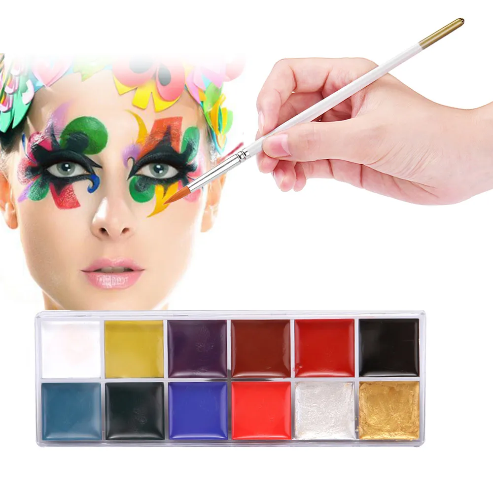 

12 Colors Solid Oily Face Paint Pigment Greasepaint Kit with 6pcs Paintbrush Brushes Safe Body & Face Paint Facepaints Bodypaint