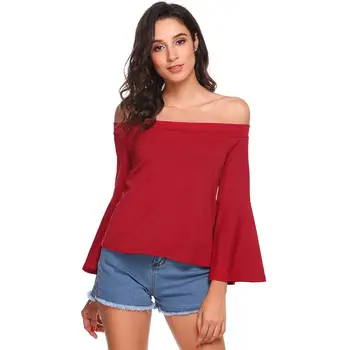 

Women Sexy Summer T-Shirt Off-shoulder Flare Sleeve T-shirt Back Lace-up Loose Female Tee Tops