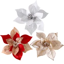 Flores artificiales de Navidad, 50 piezas, 21cm/16cm/14cm, Poinsettia brillante para adornos de árbol de Navidad, decoración de flores falsas