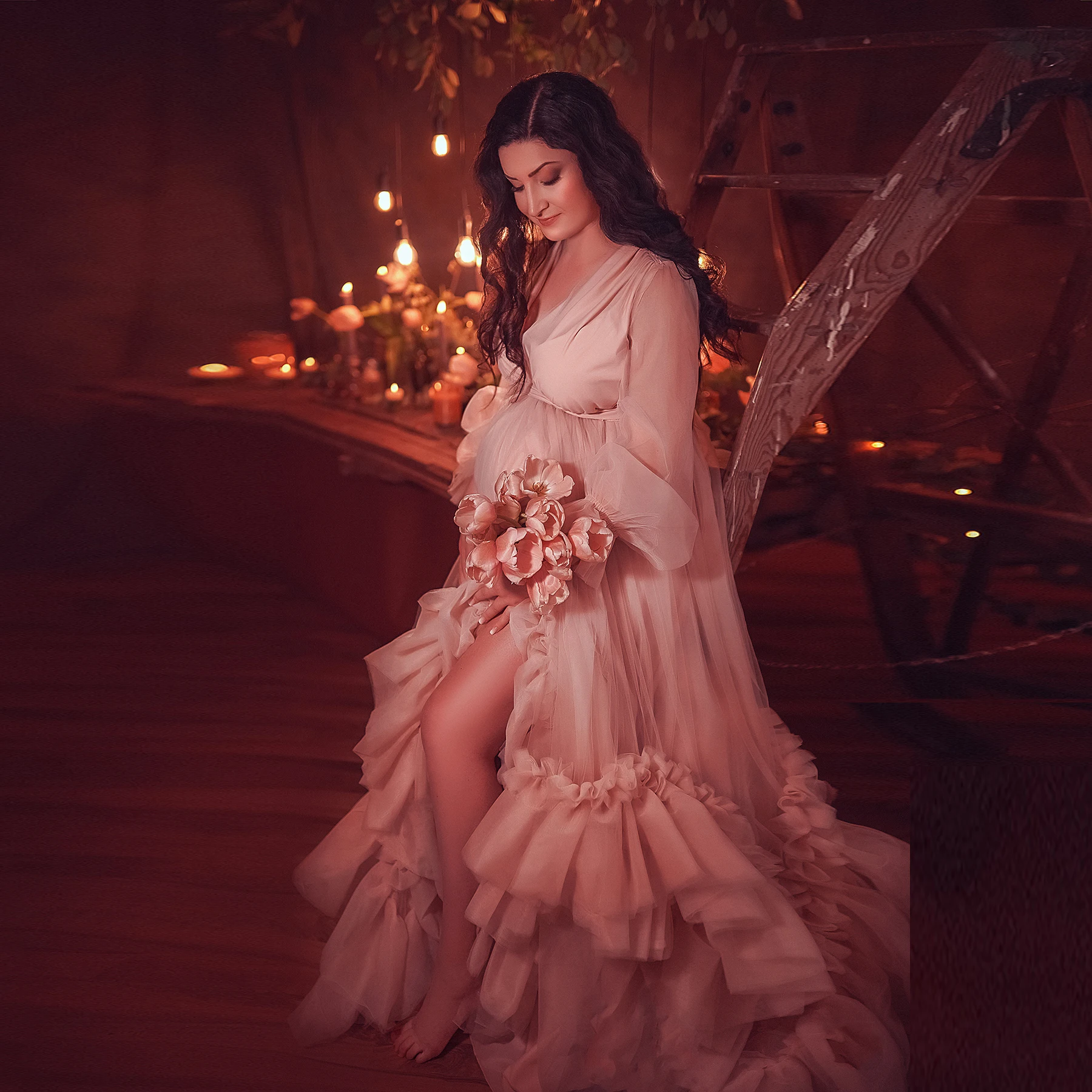 New Arrival Sweet Pink Bridal Ruffled Tulle Dresses Women Maternity Dressing Gowns Sheer Long Dresses Photo Shoot Custom Made