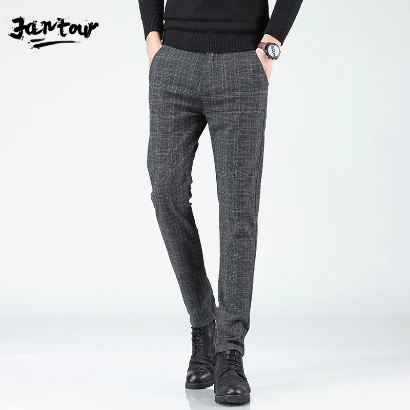 Мужские эластичные повседневные брюки в клетку серые Зауженные джоггеры длинные