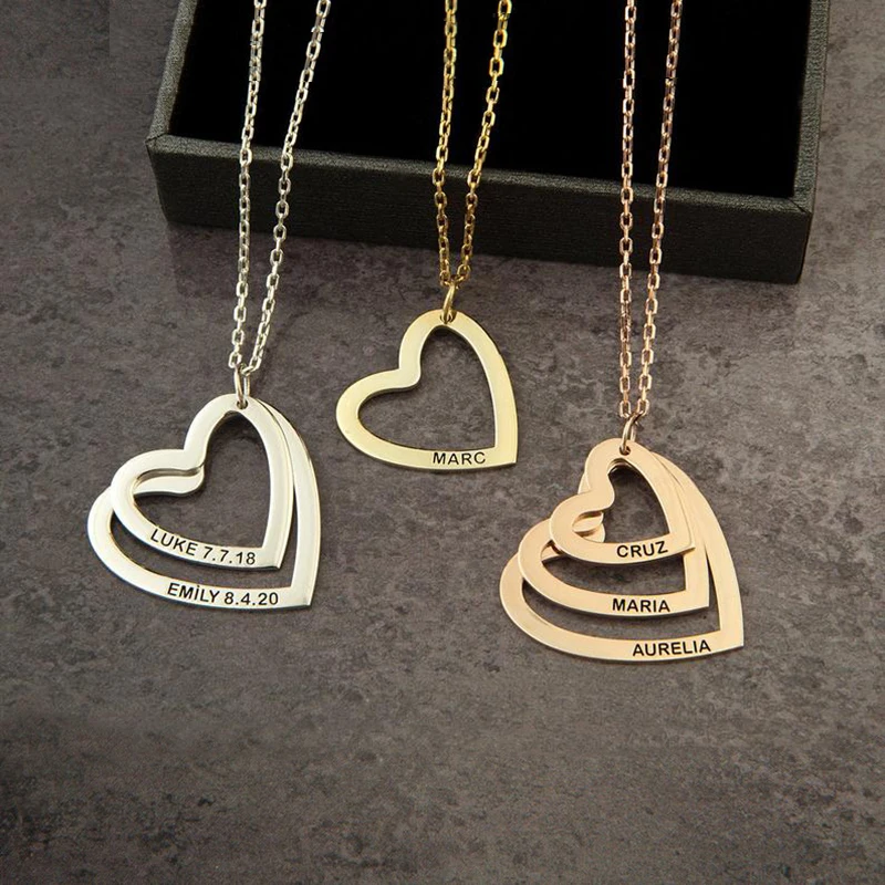 Personalized Engrave Names Heart Pendant Necklace Gold /Silver Color Customized Family Gifts for Woman Monther's Days Gift