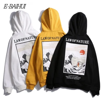 

E-BAIHUI Japanese Embroidery Cat Wave Printed Fleece Hoodies New Winter Japan Style Hip Hop Casual Sweatshirts Streetwear