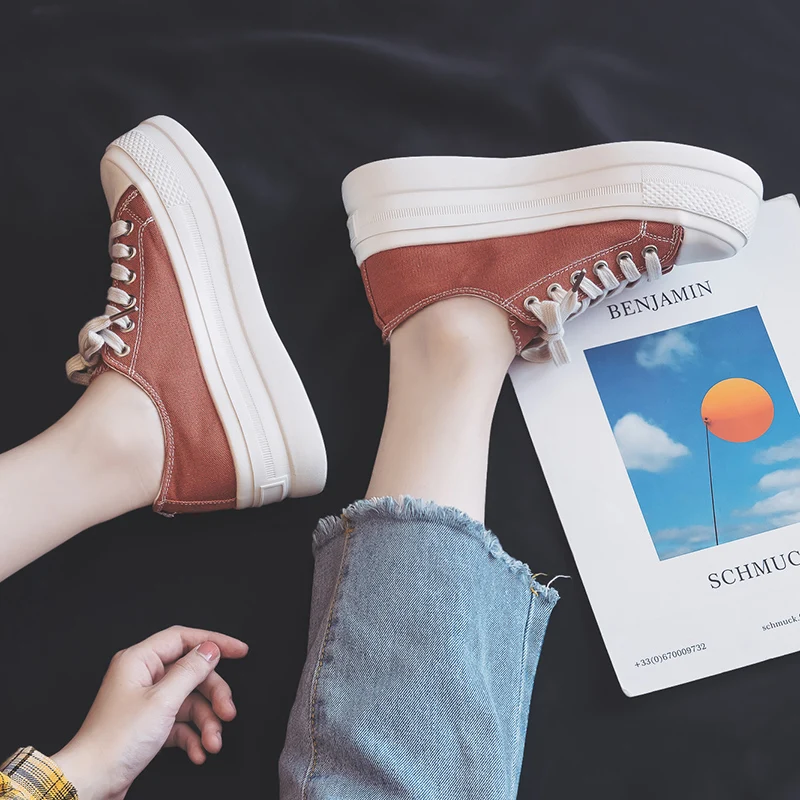 Женская обувь на платформе и не сужающемся книзу массивном каблуке; оранжевая парусиновая обувь для девочек; цвет желтый, белый; кроссовки на толстой подошве со шнуровкой; Новинка года; сезон лето
