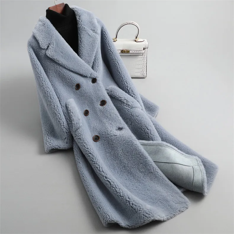 Овец стриженый пальто Для женщин новые зимние модные гранулы шерсть длинная куртка C мехом двубортное пальто с длинными рукавами и пальто с мехом Для женщин прилив