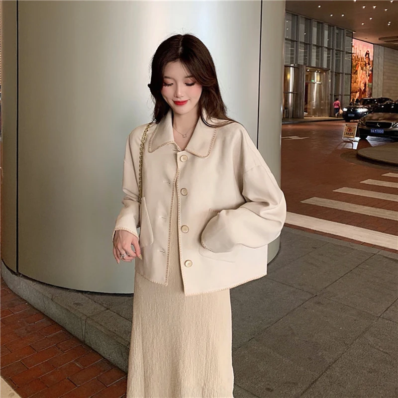 Wool Blends Women Solid Chic Single Breasted Pockets Kawaii Short Jacket Casual All-match Thick Coat Womens Elegant Woolen Coats