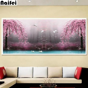 

Large Full square round drill 5D DIY diamond painting sakura Tree lake swan scenery embroidery bead Home decor mosaic gift
