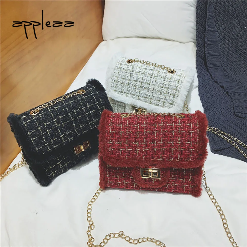 

Shoulder Bag 2019Top Women Plush Wool Bag Tide Chain Single Shoulder Slanting Small Square Bag