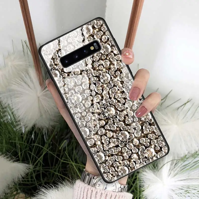 Корона с алмазами печать чехол для samsung Galaxy A50 A30 S10 e S9 S8 Note 10 Plus 5G 9 закаленное стекло+ черный мягкий чехол для телефона A70