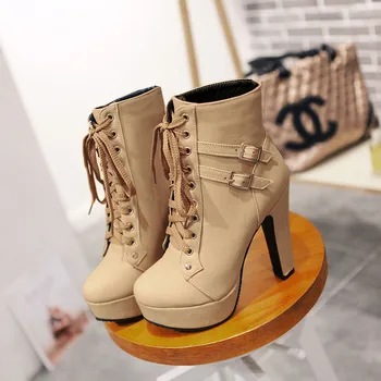 

Platform Metal Decoration Square Heel Fall Ankle Boots Women Chelsea Mature Boots Round Toe Lace-Up Super High Shoes Plus Size