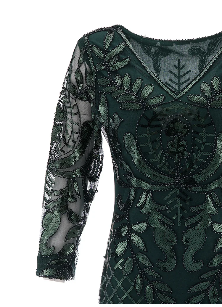 V-neck Long-Sleeve Tulle Embroider Evening Beaded Art Dec Dress Elegant Vintage 1920s Party Dress Great Gatsby Sequin Dress