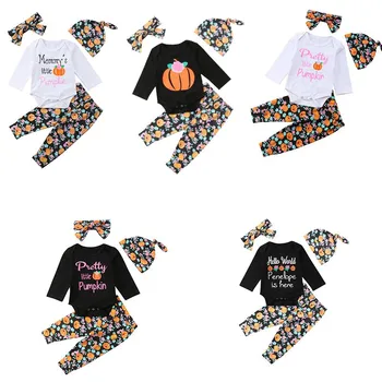 

4pcs set children's Outfits cartoon pattern simple sweet cute hooded long-sleeved T-shirt trousers Girl's suit with hat headband