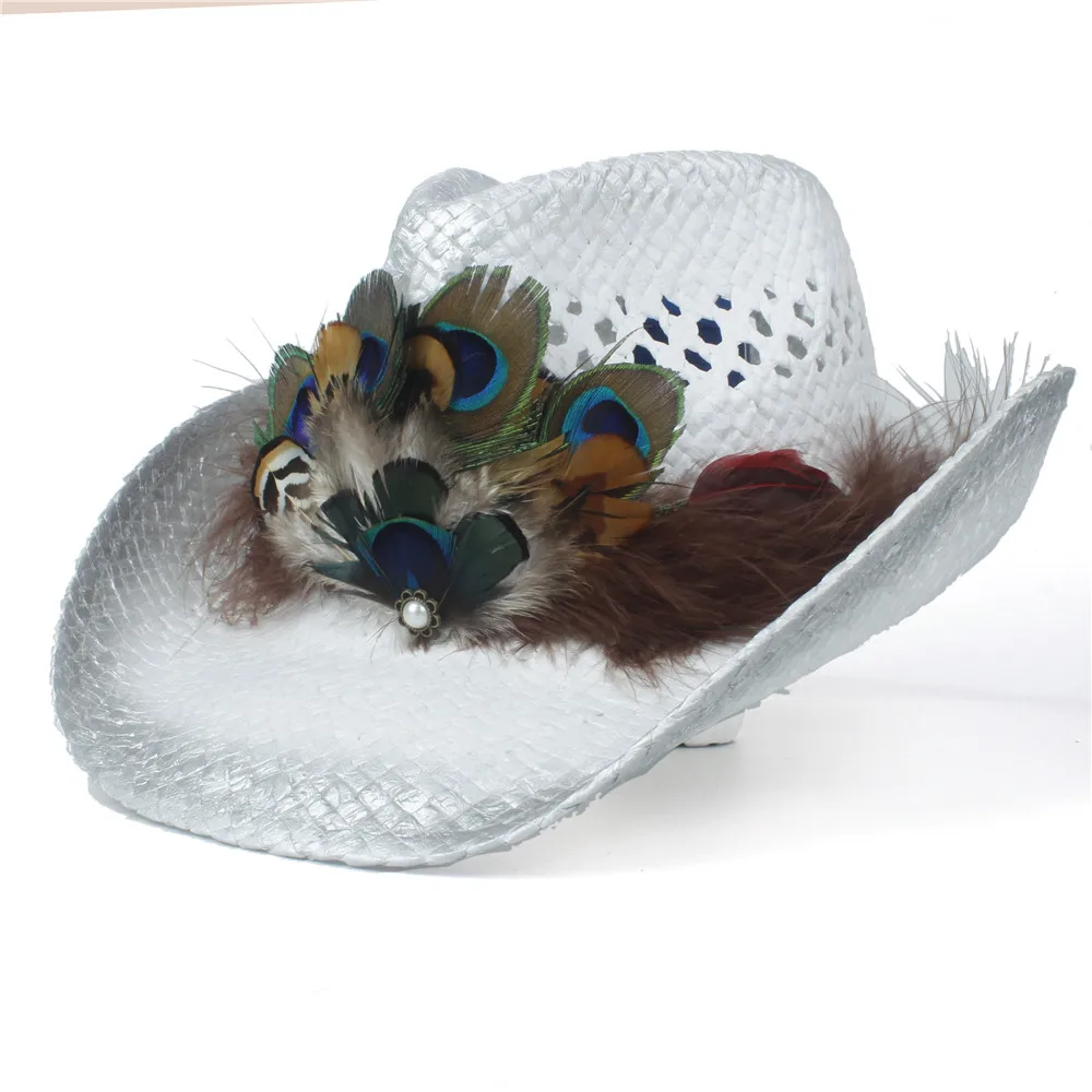 Ручная работа, перьевая западная ковбойская шляпа, женская летняя пляжная пуховая Соломенная Панама Sombrero Hombre, Cowgirl Jazz Sun cap, размер 56-58 см