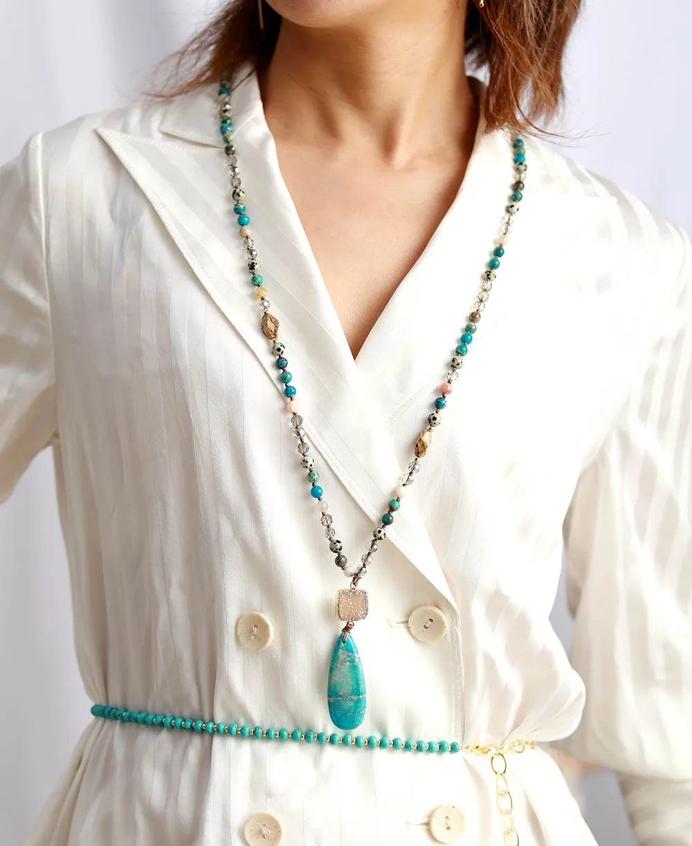 Long Necklace Natural Stones Crystals Druzy Teardrop Pendant Necklace Women Necklace Chain Bead Yoga Necklace Dropshipping