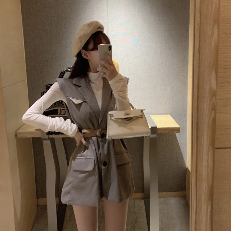 Photo Shoot Net Price Hong Kong Flavor Elegant Loose-Fit Slimming Mid-length Suit Waistcoat Coat+ Slim Fit Long Sleeve Base Shi