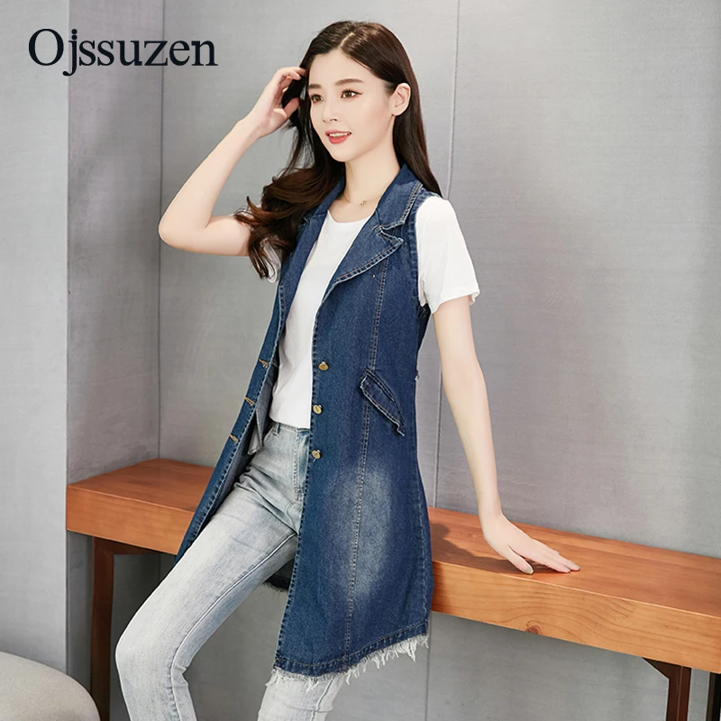 Long Denim Vest Women Slim Sleeveless Jacket Ladies Outerwear V Neck